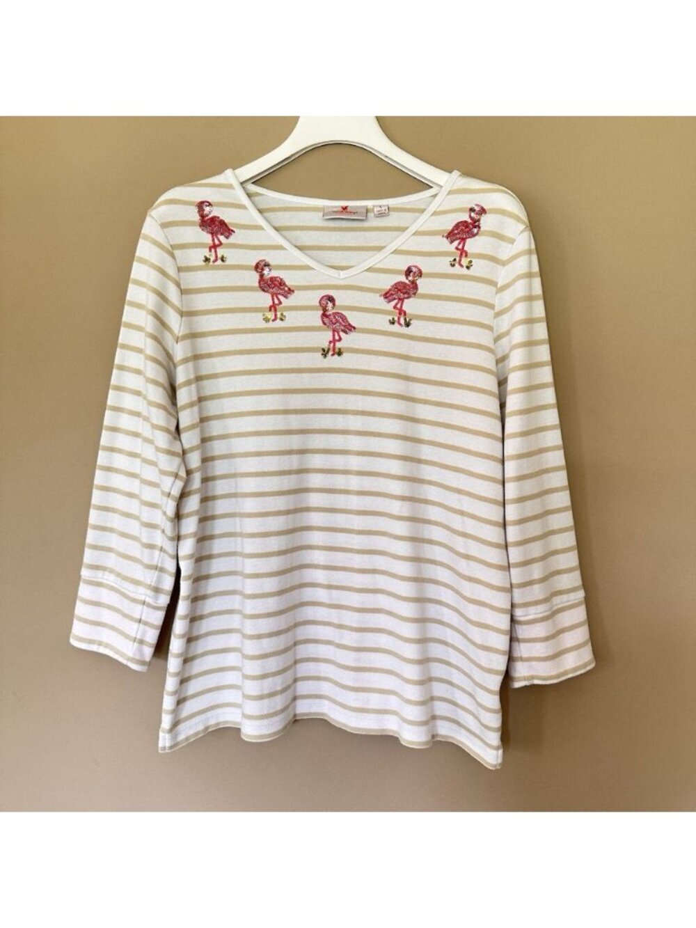 Quacker Factory L Flamingo Top Causal 3/4 Sleeve Sequin Embellished White Stripe